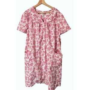 Simply Basic Pink‎ & White Floral Cotton House Dress Mumu Smocking & Pockets  XL
